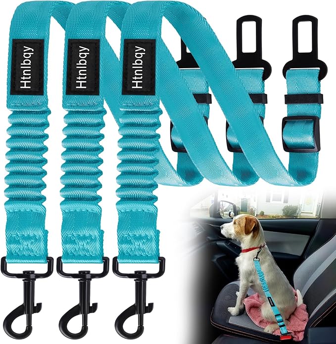 3 Pack Thickened Adjustable Dog Car Harness, Retractable Dog Car Harness Adjustable Dog Seat Belt for Car, Dog Car Leash Made of Thickened Nylon Material and Reinforced Metal Hook, Light Blue