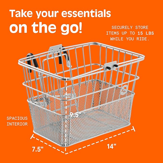 Retrospec Apollo Detachable Front Bike Basket Steel Half-Mesh with Integrated Detachable Hooks and Built-In Handle, Easy Assembly and Portability for Bicycles