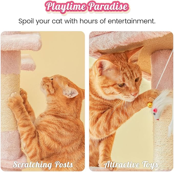 MWPO 63.8-Inch Pink Cat Tree for Indoor Cats, Multi-Level Cat Tower with Sisal-Covered Scratching Posts, Padded Platform, Hammock, Dangling Toys, Stable Cat Condo Pet Play House