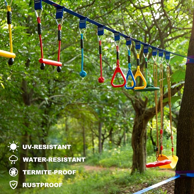 2x65 FT Ninja Warrior Obstacle Course for Kids with 13 Ninja Accessories - 600lbs Weight Capacity, Slackline with Swing Seat, Disc Swing, Ninja Wheel, Rope Ladder, Monkey Bar, Ninja Ring, Arm Trainer