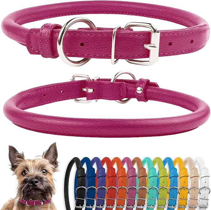 CollarDirect Rolled Leather Dog Collar, Soft Padded Round Puppy Collar, Handmade Genuine Leather Collar Dog Small Large Cat Collars 13 Colors (8-11 Inch, Pink Textured)