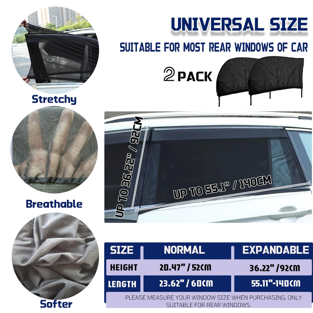 Car Rear Window Screens for Side Windows, 2 Pack Side Window Sun Shades,Stretchy Mosquito Net Cover Fit Cars SUVs - Up to 36.22”x55.1”