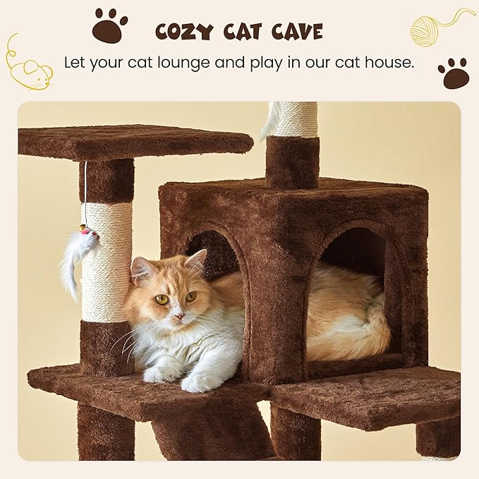 MWPO 63.8 inches Multi-Level Cat Tree for Large Cats with Sisal-Covered Scratching Posts, Padded Platform, Hammock and Condo,Stable Cat Tower Cat Condo Pet Play House (Brown)