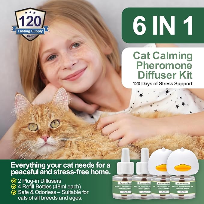 Cat Calming Pheromone Diffuser Set, Pet Calming Plug-in Kit (2 Diffusers + 4 Refills), Reduces Cat Stress, Aggression, Fighting, Marking, Meowing, Travel, Vet Visit Anxiety, 120 Days, Non-Toxic, Safe