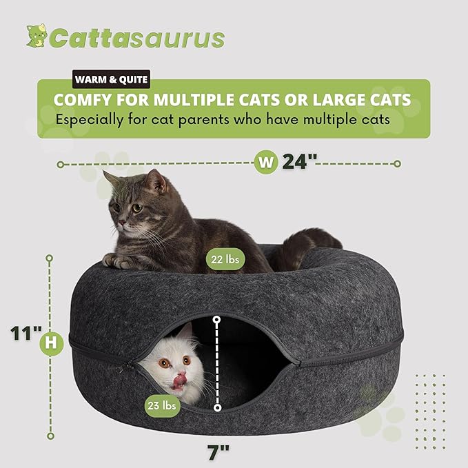 CATTASAURUS Peekaboo Cat Cave for Multiple & Large Cats Up to 30-45 Lbs, Scratch Detachable & Washable Tunnel Bed, Comfy Donut Cat Cave (Dark Gray + Dark Gray, Large)
