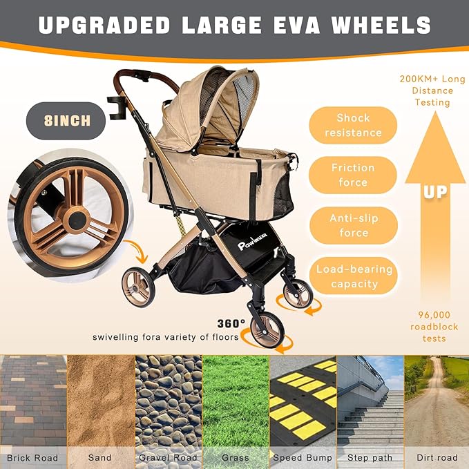Pet Stroller for Small & Medium Dogs Cats up to 55 lbs 4-in-1 Foldable Travel Pet Stroller with Detachable Carrier Lightweight All-Terrain Spring Damping,Car Seat,Sun Canopy,Khaki