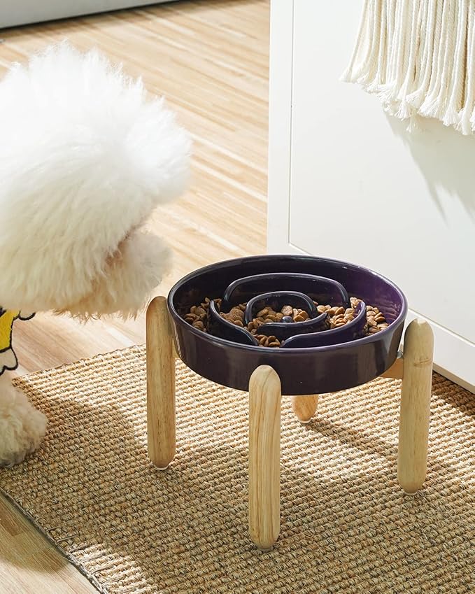 LE TAUCI Ceramic Slow Feed Dog Bowls, Elevated for Small and Medium Breed Dogs, Anti-Gulping Pet Feeding Dishes, Maze Purple, 1.5 Cups
