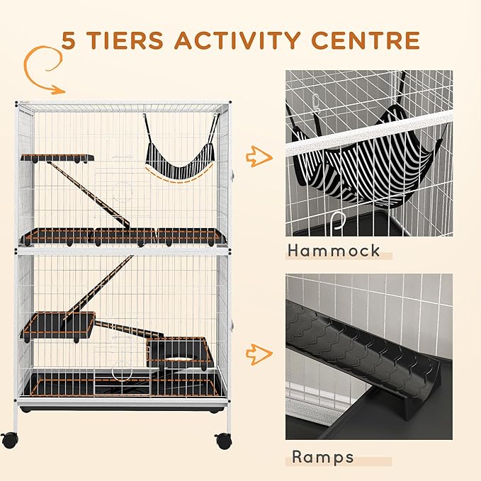 PawHut Metal Small Animal Cage, 5-Tiers Rolling Big Ferret Cage with Hammock, Removable Tray, for Chinchilla, Sugar Glider, White