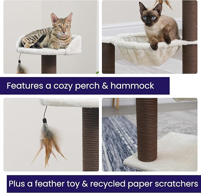 Catry Nirvana 3-Level Kitten Tree with Plush Perch, Soft Hammock, and Paper Rope Scratching Posts, Minimalist Cat Furniture for Climbing, Scratching & Resting, Ideal for Kittens & Small Cats, Beige
