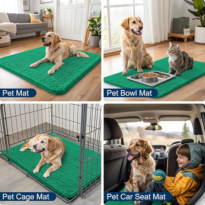 Smiry Dog Door Mat for Muddy Paws 30x20, Absorbs Moisture and Dirt Doormat, Non-Slip Washable Quick Dry Chenille Front Door Mat Indoor Entrance, Entryway Carpet for Inside Floor, Emerald Green