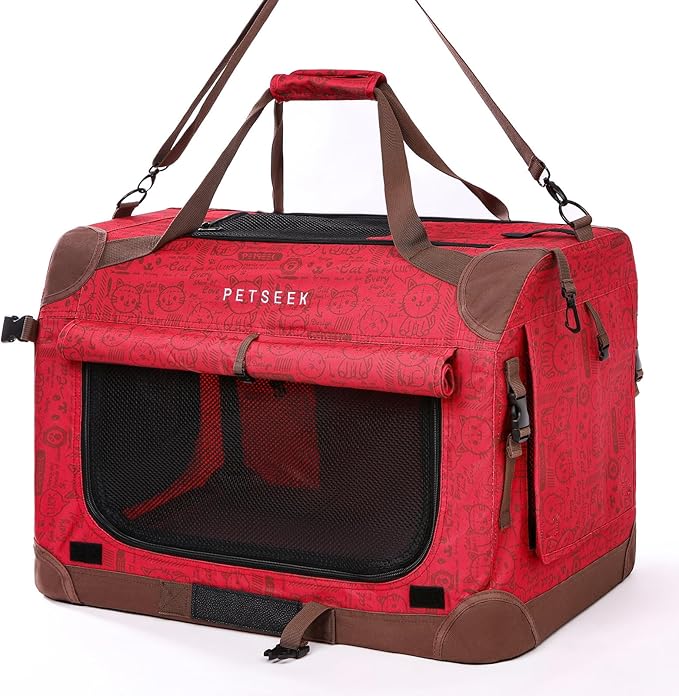 Extra Large Cat Carrier Soft Sided, Portable Small Dog Carrier for 2 Cats, 24"x16.5"x16" Car Travel Folding Comfortable Design, Red