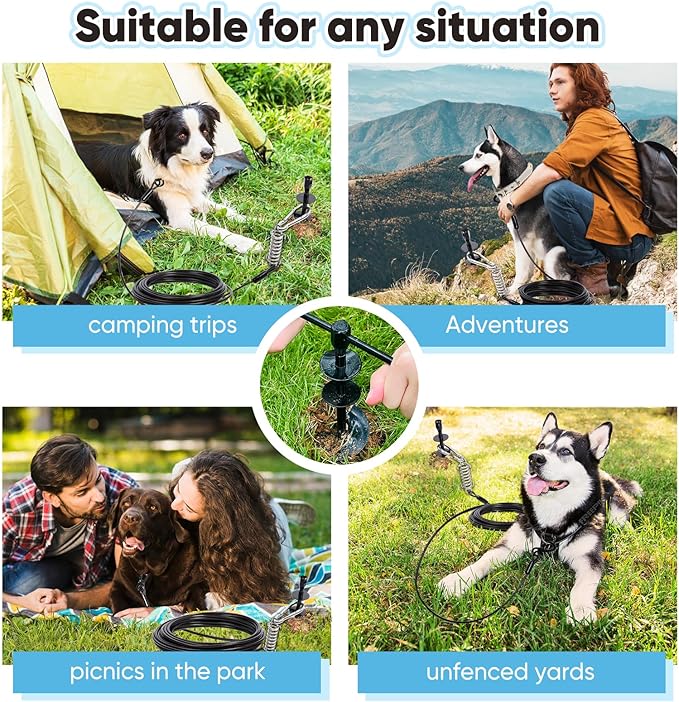 Dog Tie Out Stake for Large Dogs – Heavy Duty In-Ground Dog Anchor up to 210 lbs – Secure Tether Stake for Yard, Camping & Beach – Easy Install with Tool, Works with Tie Out Cable & Leash, Black