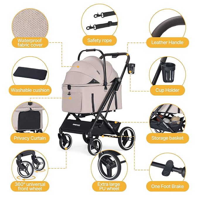 BEBEROAD X3 2 in 1 Pet Stroller for Medium or Two Small Dogs & Cats 4 Wheels Lightweight Foldable Carrier Dog Stroller with Waterproof Weather Cover Cup Holder,Storage Basket(Camel)
