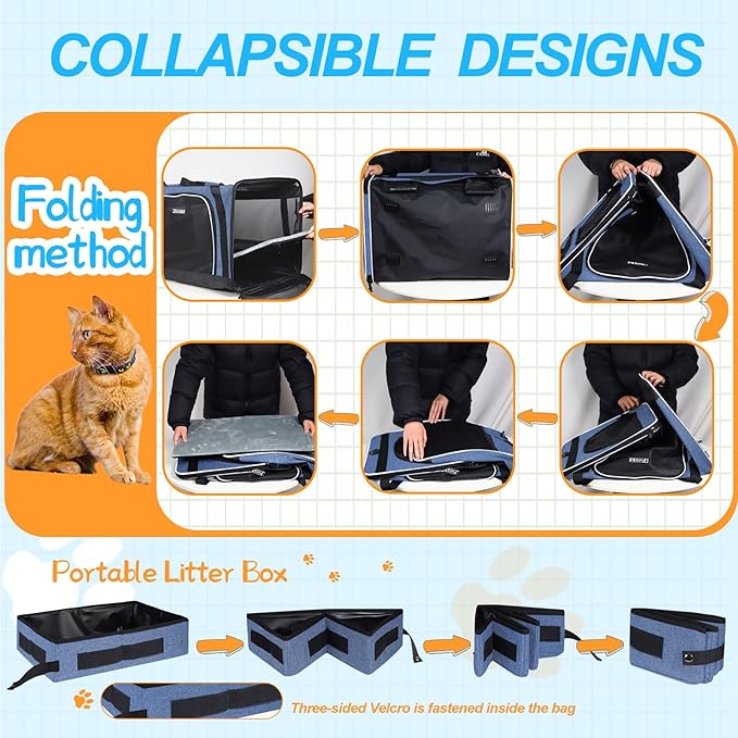 Petskd Extra Large Cat Carrier with Litter Box 24"x17"x17" for Medium Large Cat or 2 Small Cats, Collapsible Soft Sided Pet Carrier for Car Travel with Lockable Safety Zippers(Blue)