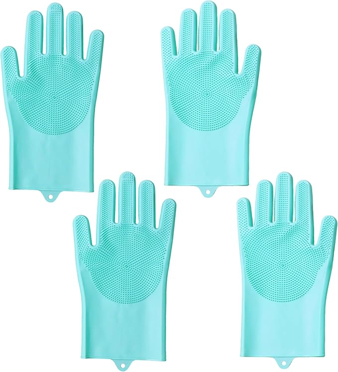 Pet Grooming Gloves，Heat-Resistant Silicone Gloves with High-Density Teeth for Enhanced Massaging and Bathing of Dogs and Cats (Green, 2 Pair)