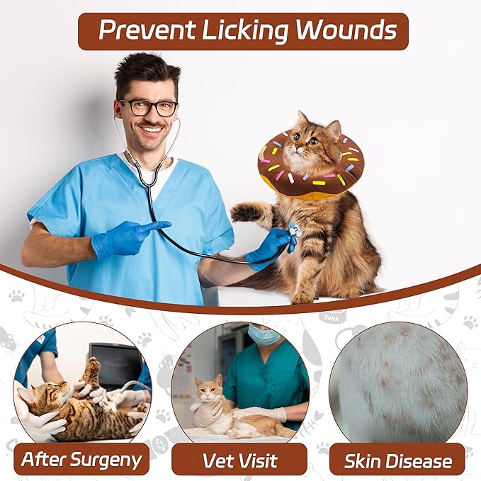 Cat Cone Collar Soft, Adjustable Cat Recovery Collars Spay Cone to Stop Licking, Cute Donut E Collar After Surgery, Wound Healing Elizabethan Collar for Kittens (Donut Brown, Small)