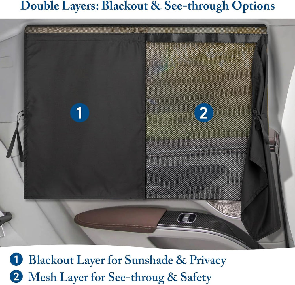 Car Window Shades, 2 Pack Car Sun Shade for Baby, Double Layer & Fully Open, Magnetic Back Window Curtain, Sun Shade Covers Privacy Screen