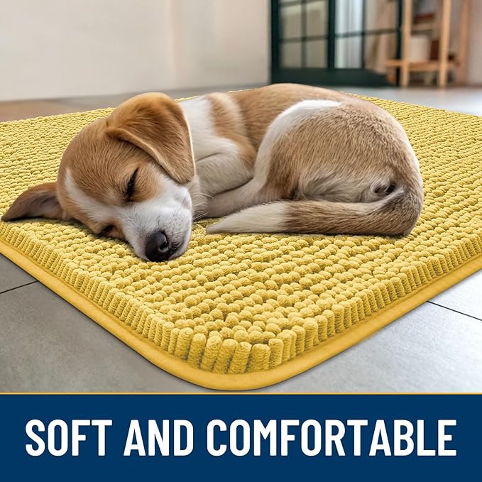 Smiry Dog Door Mat for Muddy Paws 30x20, Absorbs Moisture and Dirt Doormat, Non-Slip Washable Quick Dry Chenille Front Door Mat Indoor Entrance, Entryway Carpet for Inside Floor, Yellow