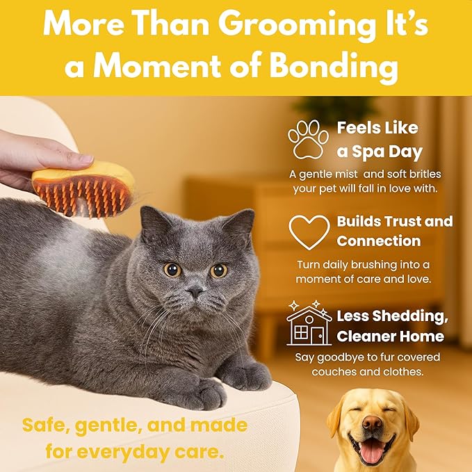 Steam Cat Brush for Indoor Cats – Mist Spray Comb for Shedding & Hair Removal | Silicone Pet Grooming Tool for Long-Haired Cats & Dogs