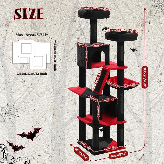 PAWZ Road 70 Inch Cat Tower, Gothic Cat Tree with 2 Cozy Condos, 2 Plush Perch, Large Basket, 2 Scraching Pad & 6 Scraching Posts for Indoor Cats Large Adult