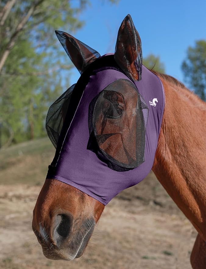 Horse Fly Mask with Ears, UV Protection for Horses, Elasticity with Big Mesh Eye Covers, Snug Fitting Comfortable Breathable Lightweight for Horses Deep Purple Cob
