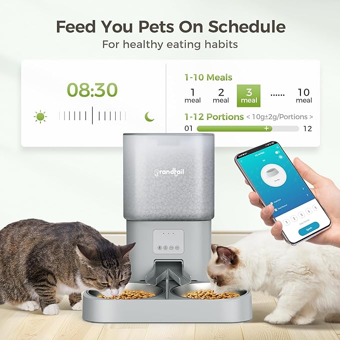 WiFi Automatic Cat Feeder with App - 6L Elevated Smart Food Dispenser for 2 Pets, Programmable 1-10 Meals, 2 Stainless Bowls & Dual Power