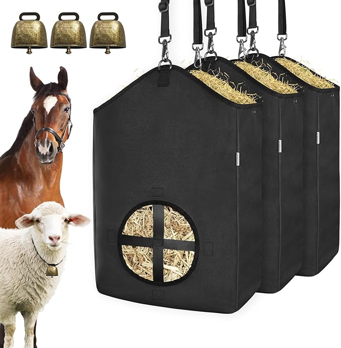 3 PCS Goat Hay Feeder,Hay Bags for Horses,Goats,Donkeys with Reinforced Oxford Fabric and High Strength Metal Clasp,Horse Feeding Supplies with Adjustable Strap for Easy Hanging (3Black)