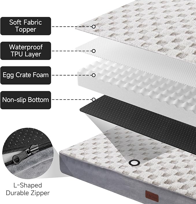 OhGeni Orthopedic Waterproof & Machine Washable Dog Bed for Large Pets, Suitable for Crates, 25D Egg Crate Foam, Non-Slip Bottom & Removable Cover, Checkerboard Fabric, 41 Inches(Gray)