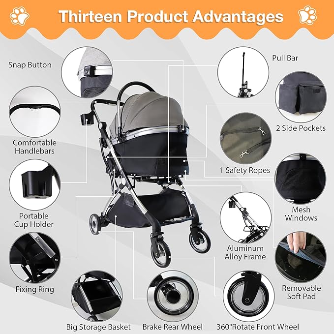 Dog Stroller for Small Medium Dogs, 3 in 1 Folding Pet Stroller Up to 33 lbs, 4 Wheels Pet Strolling Cart with Zipperless Entry, Cat Dog Travel Carrier with Telescopic Handle and Storage Basket