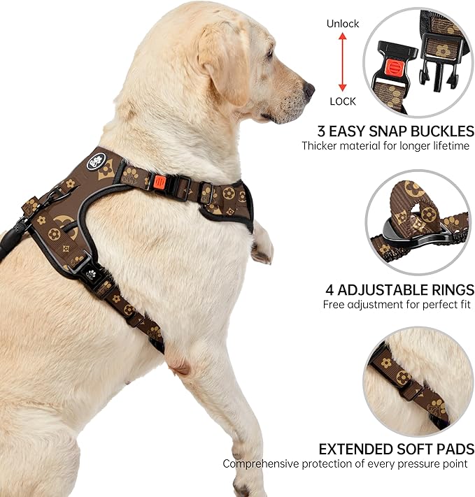 NESTROAD No Pull Dog Harness,Adjustable Oxford Dog Vest Harness with Leash,Reflective No-Choke Pet Harness with Easy Control Soft Handle for Large Dogs(X-Large,Dark Brown)