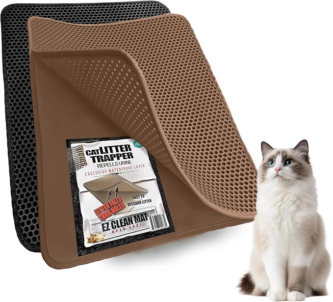 Small Cat Litter Trapper by iPrimio - Litter Mat, EZ Clean Cat Mat, Litter Box Mat Water Proof Layer and Puppy Pad Option. Patented (23"x21" Brown)