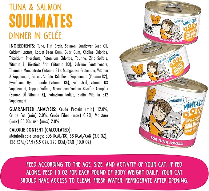Weruva BFF Minced Natural Wet Cat Food, Tuna and Salmon Soulmates in Gelee, 5.5oz Can, Pack of 24