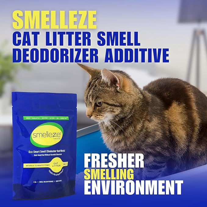 SMELLEZE Natural Cat Litter Deodorizer and Litter Box Odor Eliminator Additive for Strong Smells Unscented Kitty Litter Smell Control Safe Long-Lasting Granules for Multi Cat Homes 2 lb