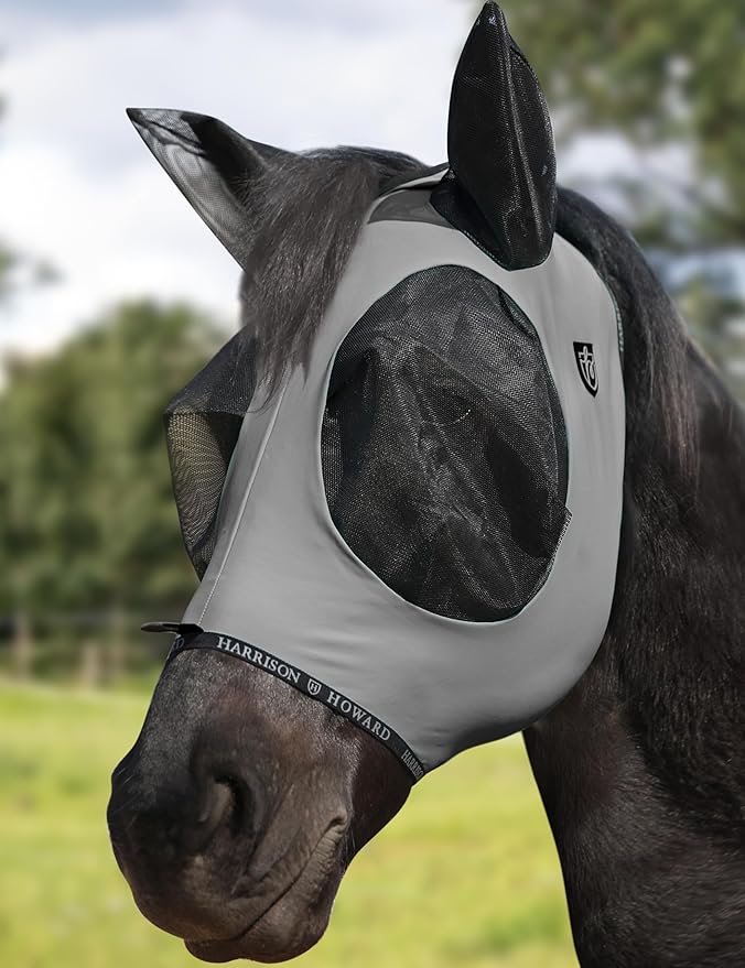 Harrison Howard Horse Fly Mask with Forelock Opening Stretch Breathable and Comfortable for Horses UV -Protection Grey L