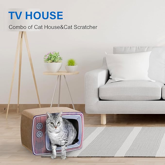 TV Cat Scraper - Durable Cat Leisure Bed - Indoor Scraper and Play House - Corrugated Toy Cat Birthday - 16.9L*12.5W*9H