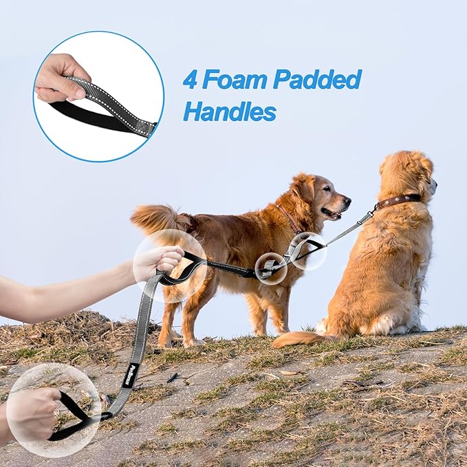 PetBonus Double Dog Leash, No Tangle Dual Leash, Reflective Walking Training Lead, 4 Comfortable Padded Handles for 2 Dogs with Collapsible Bowl and Waste Bags (Grey, Large)