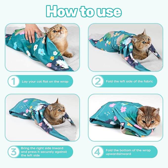 Cat Grooming Wrap, Cat Wrap for Cutting Nails, Self-Adherent Fabric Wrap for Cats, Cat Burrito Wrap Anti-Scratch, Anti-Escape, Multifunctional Swaddle Wrap Pet Tool 27.5×27.5"