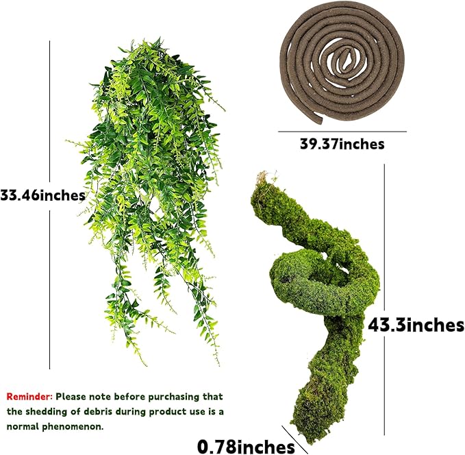 BNOSDM Reptile Plants,Flexible Rainforest Vines with Moss,Bendable Jungle Climbing Vines,Terrarium Artificial Plants Decor for Bearded Dragon,Hermit Crab,Snake,Geckos,Chameleon,Lizard
