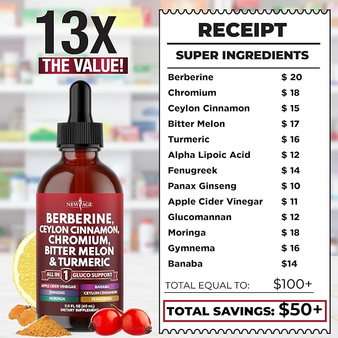 Berberine with Ceylon Cinnamon Supplement Liquid Drops + Bitter Melon Extract, Glucomannan, Gymnema, Chromium, Turmeric, Panax Ginseng, Moringa - 2 OZ