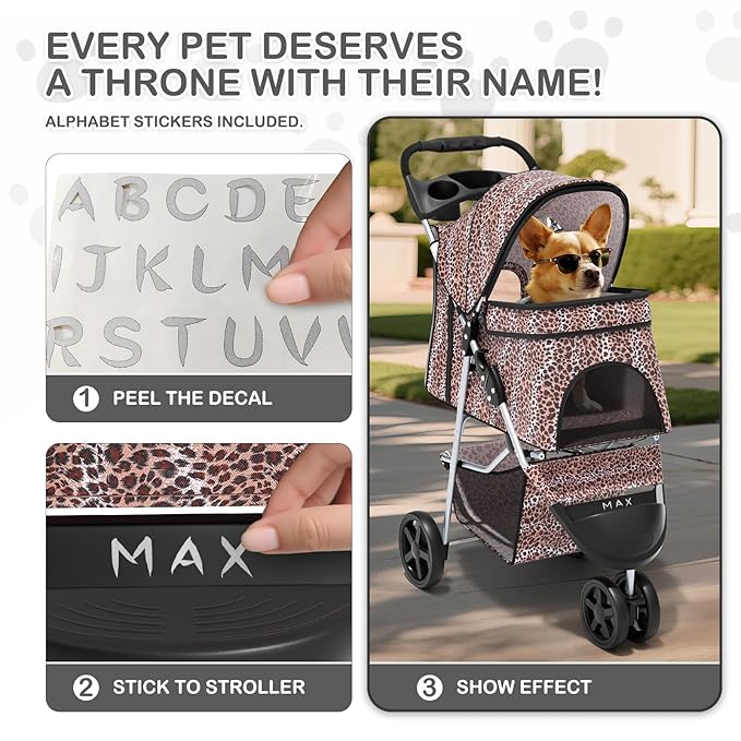 MoNiBloom 3 Wheels Pet Dog Cat Stroller for Small Medium Dogs Cats, Lightweight Foldable Jogger Stroller w/Storage Basket & Cup Holder, Leopard Print