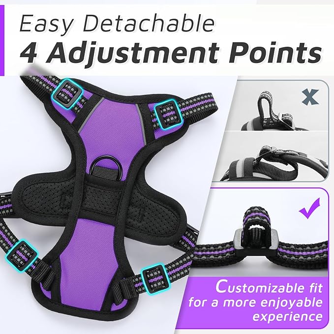 Eagloo Small Dog Harness No Pull, Service Vest with Reflective Strips and Control Handle, Adjustable and Comfortable for Easy Walking, No Choke Pet Harness with 2 Metal Rings, Purple, XS