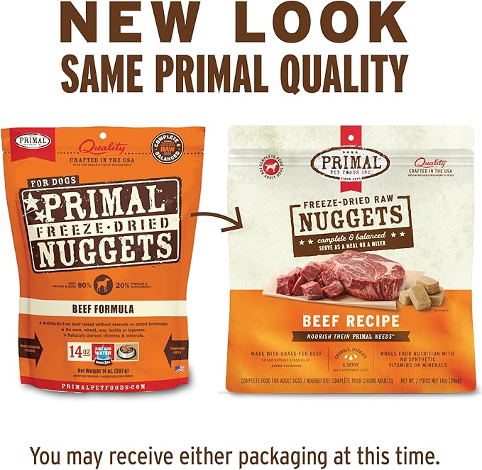 Primal Freeze Dried Raw Dog Food Nuggets, Beef, Complete & Balanced Meal, Also Use as Topper or Treat, Premium, Healthy, Grain Free, High Protein Raw Dog Food, 5.5 oz