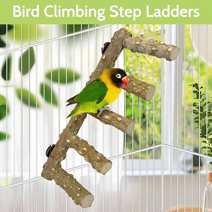 BNOSDM Natural Wood Bird Ladder Perch 6Pcs Parrot Stand Branches Climbing Chewing Stick Parakeet Swing Toys Cage Accessories Paw Grinding Fork Sets for Lovebirds Cockatiels Conure Budgies