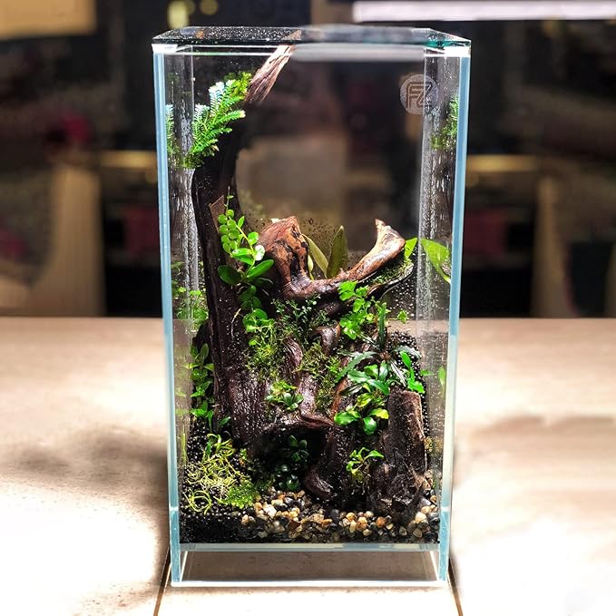 Fzone 2 Gal Nano Rimless Aquarium Low Iron Fish Tank NovaClear Ultra-White Translucent Glass Verso Series Nano Shallow Pond Levitating Floating Air Aquarium(A16-H30)