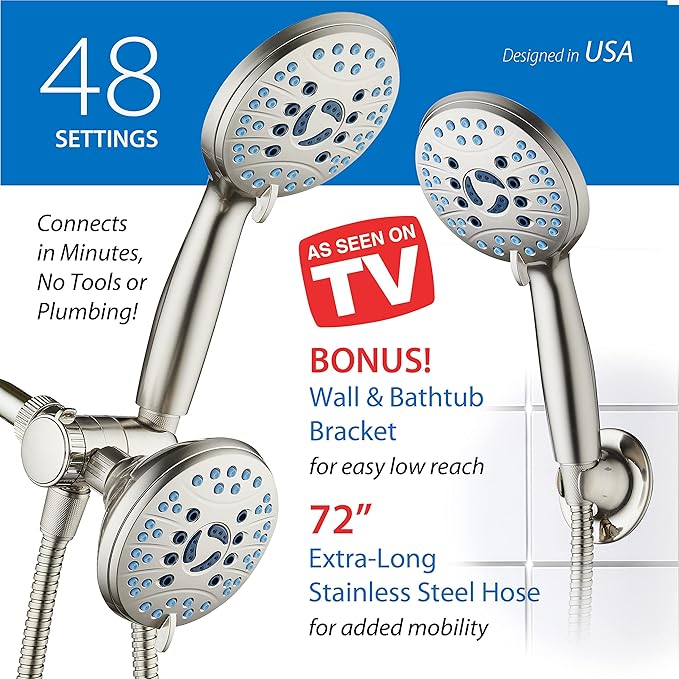 Hotel Spa AquaCare As-Seen-On-TV High Pressure 48-setting Rain & Handheld 3-way Shower Head Combo - Anti-clog Nozzles/Tub, Tile & Pet Power Wash/Extra Long 6 ft. Hose/All Chrome Finish