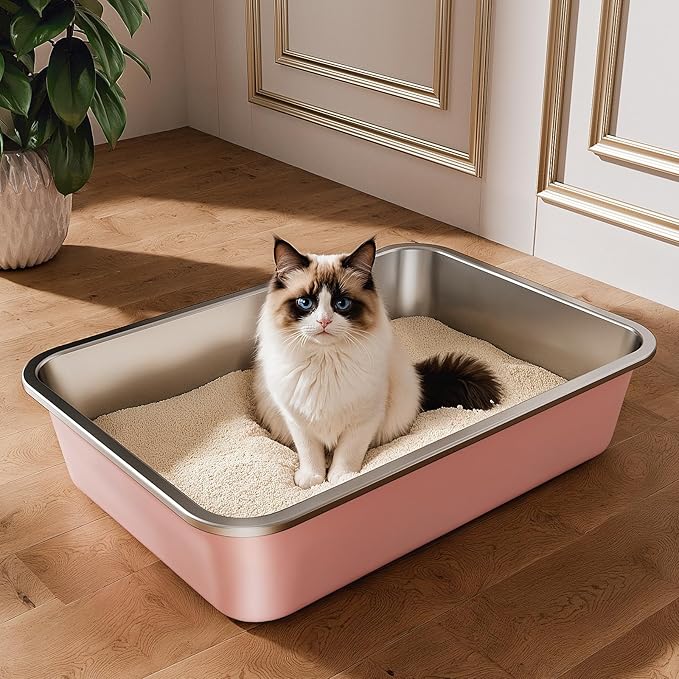 Stainless Steel Litter Box, Large Metal Cat Litter Box for Big and Small Cats, Non-Stick, Easy to Clean, Odor-Free, 19.5" L×13.6" W×3.9" H, Blush Pink