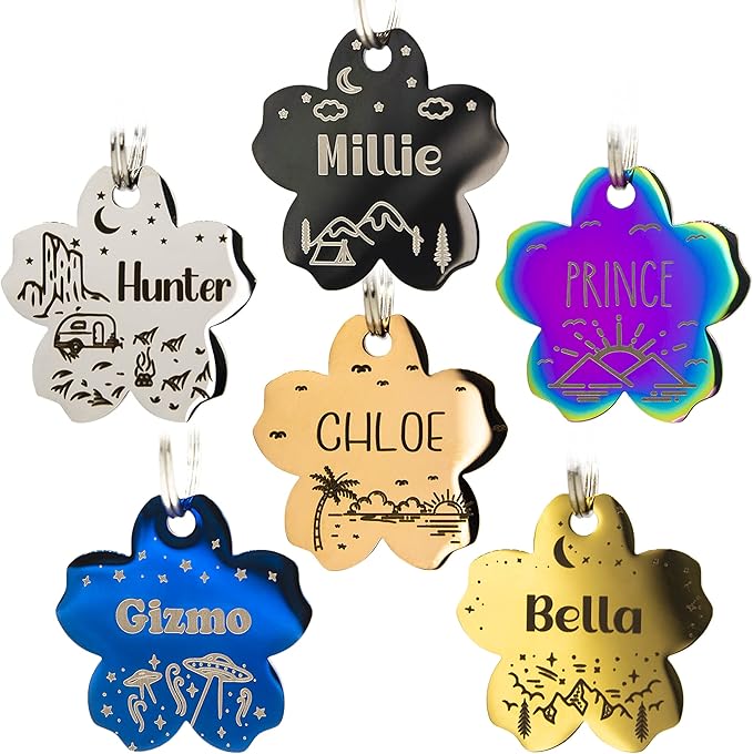 Personalized Dog Tag with 5 Lines of Custom Deep Engraved Durable Stainless Steel Pet ID Name Tag Designer Regular Size Flower