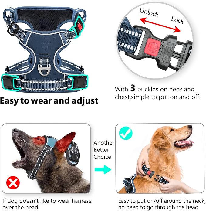 Timos Dog Harness Large Sized, No Pull Pet Harness with Neck Lockable Snap,No Choke Front Clip Dog Reflective Vest,Adjustable Metal Rings 3 Buckles,Easy Control Handle for Large Dogs Royal Blue L
