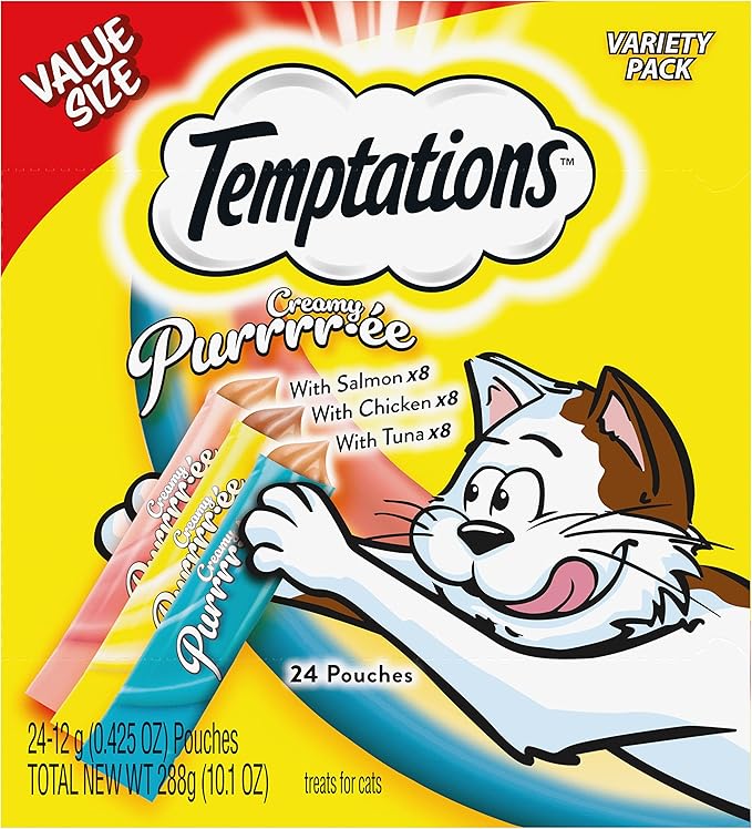 Temptations Creamy Puree Variety Pack of Squeezable Cat Treats, 0.42 oz. Tubes, 24 Count