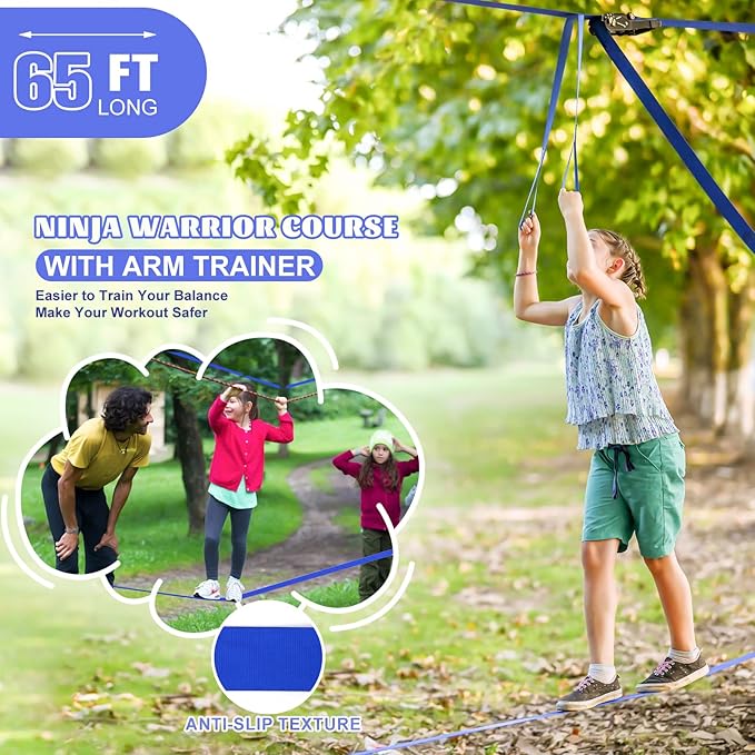2x65 FT Ninja Warrior Obstacle Course for Kids with 13 Ninja Accessories - 600lbs Weight Capacity, Slackline with Swing Seat, Disc Swing, Ninja Wheel, Rope Ladder, Monkey Bar, Ninja Ring, Arm Trainer